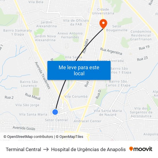 Terminal Central to Hospital de Urgências de Anapolis map