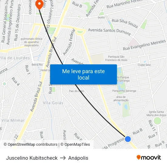Juscelino Kubitscheck to Anápolis map