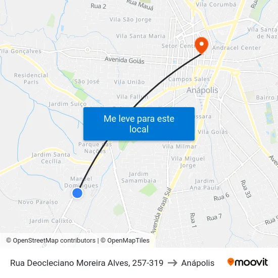 Rua Deocleciano Moreira Alves, 257-319 to Anápolis map