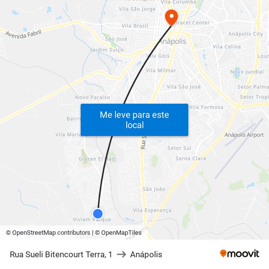 Rua Sueli Bitencourt Terra, 1 to Anápolis map