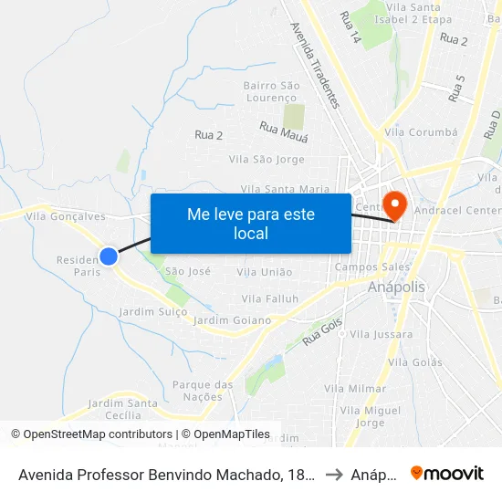 Avenida Professor Benvindo Machado, 1881-1977 to Anápolis map