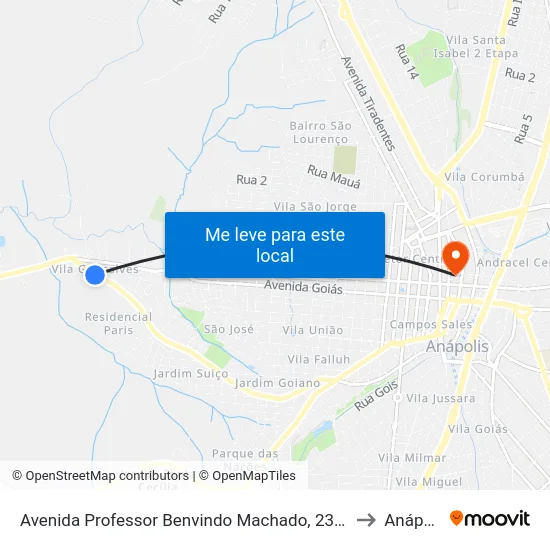 Avenida Professor Benvindo Machado, 2345-2481 to Anápolis map