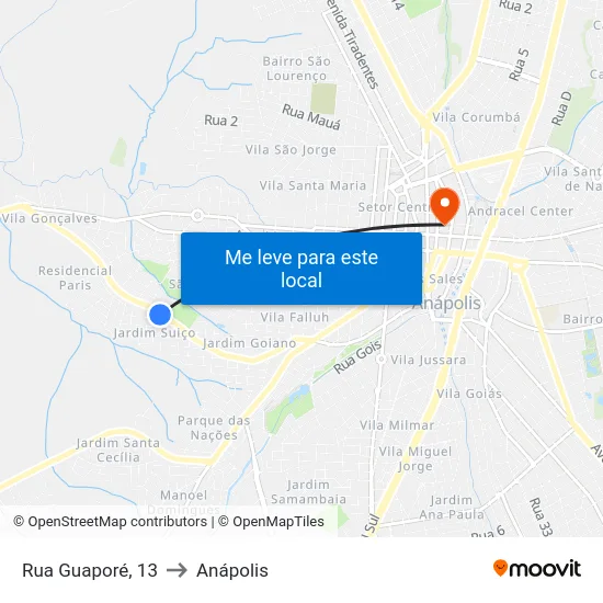 Rua Guaporé, 13 to Anápolis map