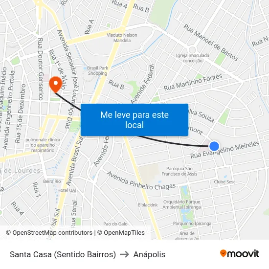 Santa Casa (Sentido Bairros) to Anápolis map