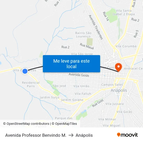 Avenida Professor Benvindo M. to Anápolis map