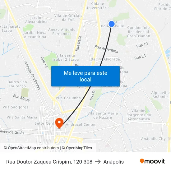 Rua Doutor Zaqueu Crispim, 120-308 to Anápolis map