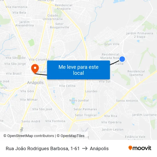 Rua João Rodrigues Barbosa, 1-61 to Anápolis map