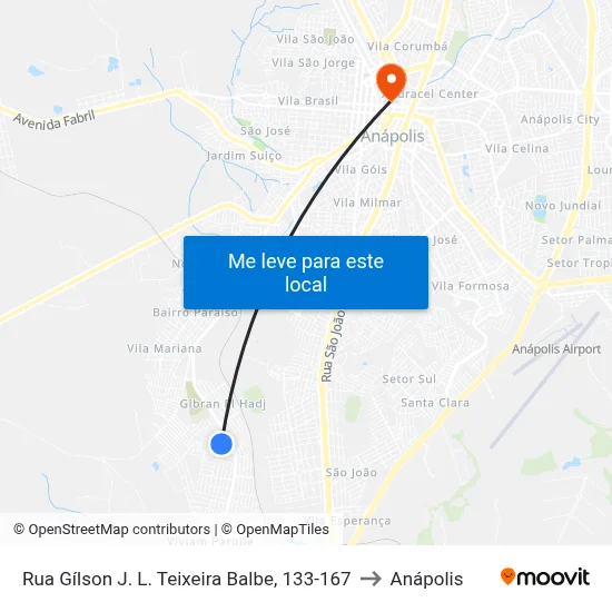 Rua Gílson J. L. Teixeira Balbe, 133-167 to Anápolis map