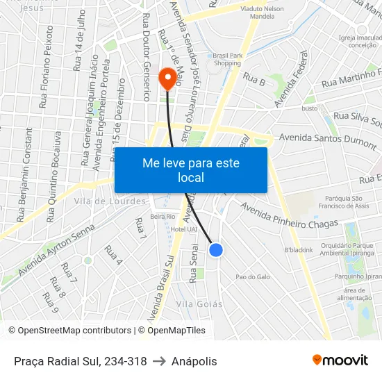 Praça Radial Sul, 234-318 to Anápolis map