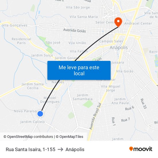 Rua Santa Isaíra, 1-155 to Anápolis map
