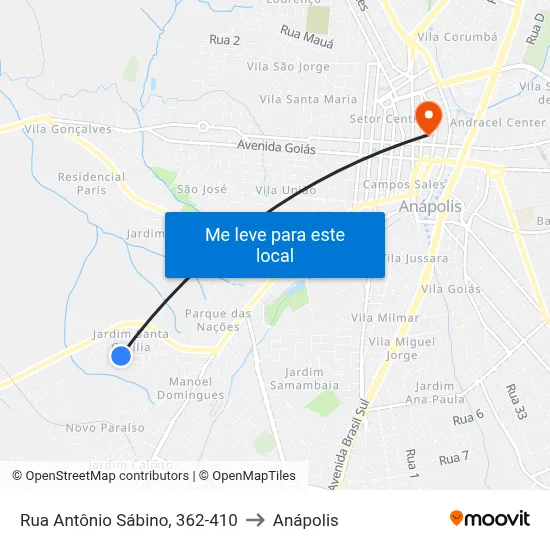 Rua Antônio Sábino, 362-410 to Anápolis map