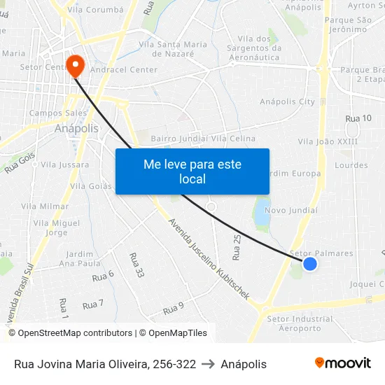 Rua Jovina Maria Oliveira, 256-322 to Anápolis map