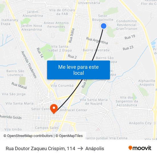 Rua Doutor Zaqueu Crispim, 114 to Anápolis map