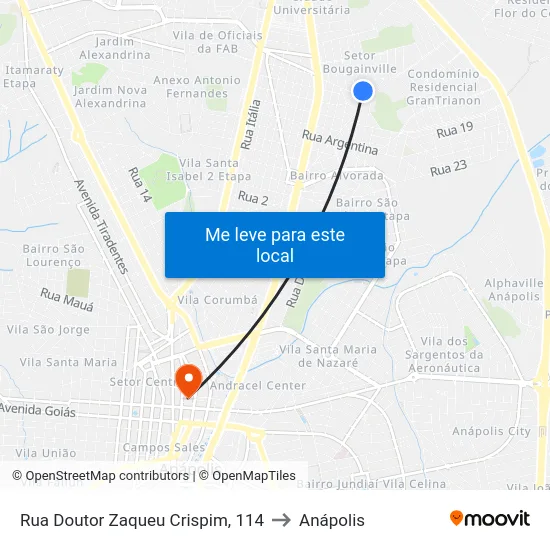 Rua Doutor Zaqueu Crispim, 114 to Anápolis map