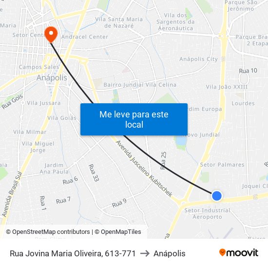 Rua Jovina Maria Oliveira, 613-771 to Anápolis map