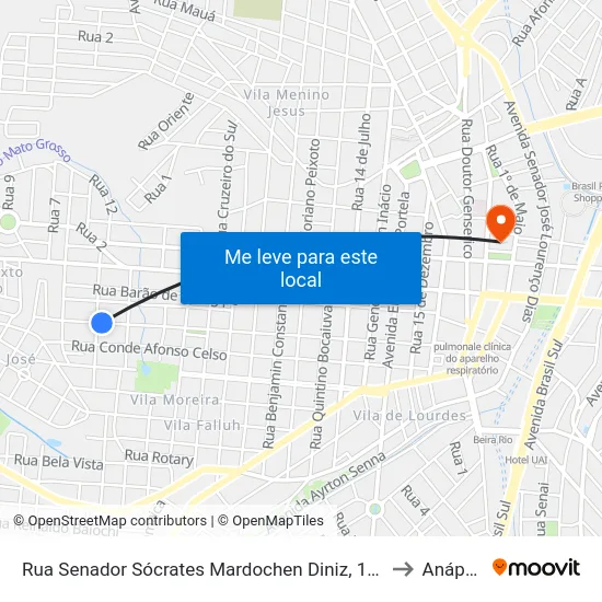 Rua Senador Sócrates Mardochen Diniz, 1308-1448 to Anápolis map