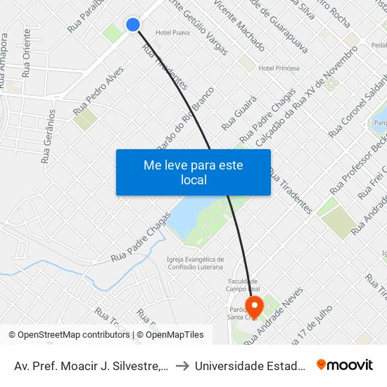 Av. Pref. Moacir J. Silvestre, 1297 (Col. Tupy Pinheiro) to Universidade Estadual Do Centro-Oeste map