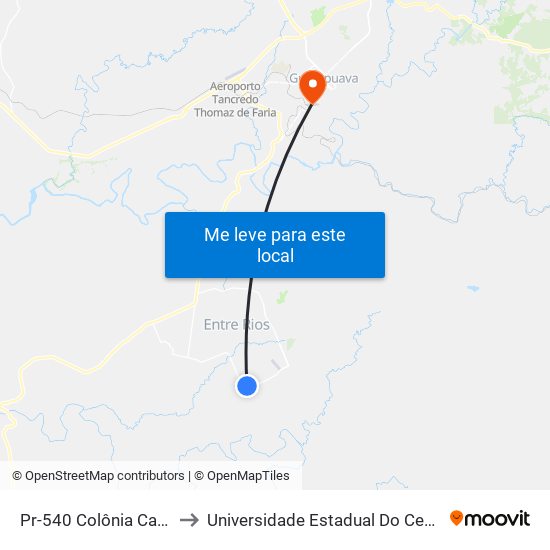 Pr-540 Colônia Cachoeira to Universidade Estadual Do Centro-Oeste map