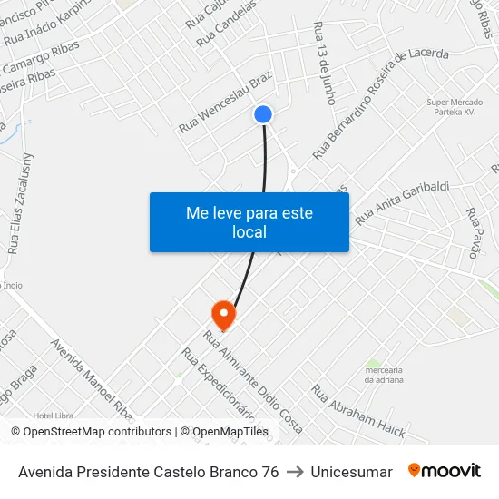 Avenida Presidente Castelo Branco 76 to Unicesumar map