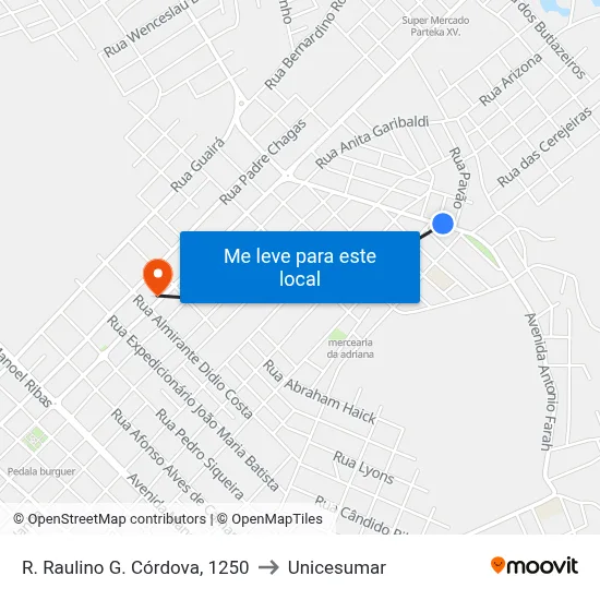 R. Raulino G. Córdova, 1250 to Unicesumar map
