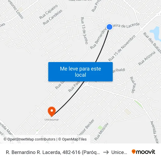 R. Bernardino R. Lacerda, 482-616 (Paróquia São Luis Gonzaga) to Unicesumar map