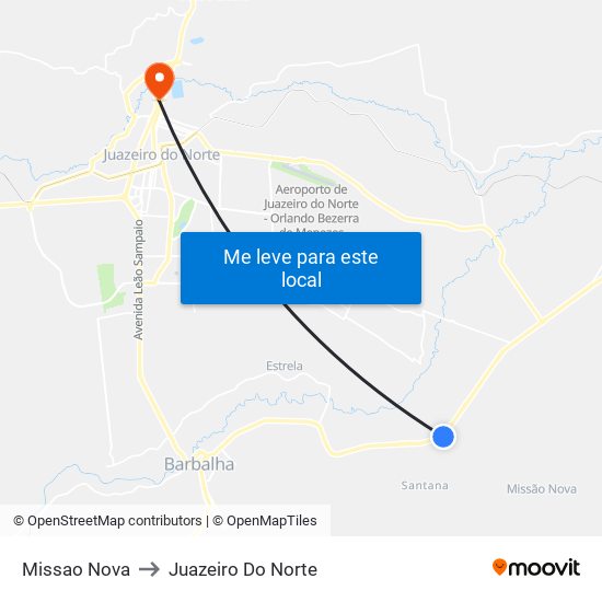 Missao Nova to Juazeiro Do Norte map