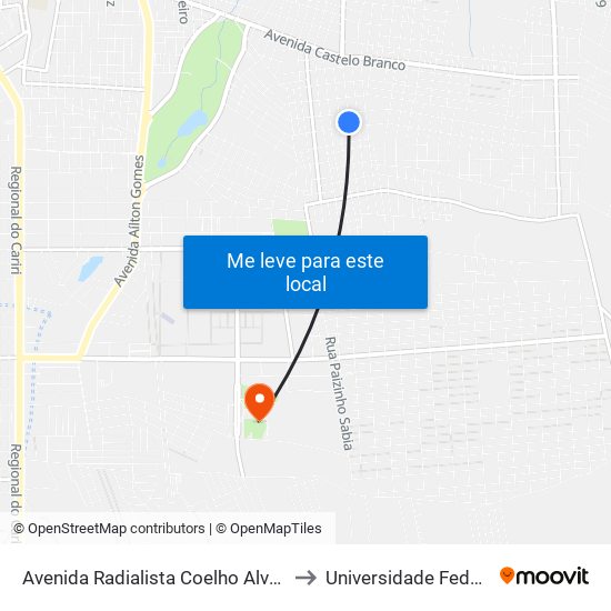 Avenida Radialista Coelho Alves, 99 - Tiradentes to Universidade Federal Do Cariri map