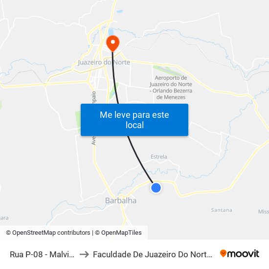 Rua P-08 - Malvinas to Faculdade De Juazeiro Do Norte - Fjn map