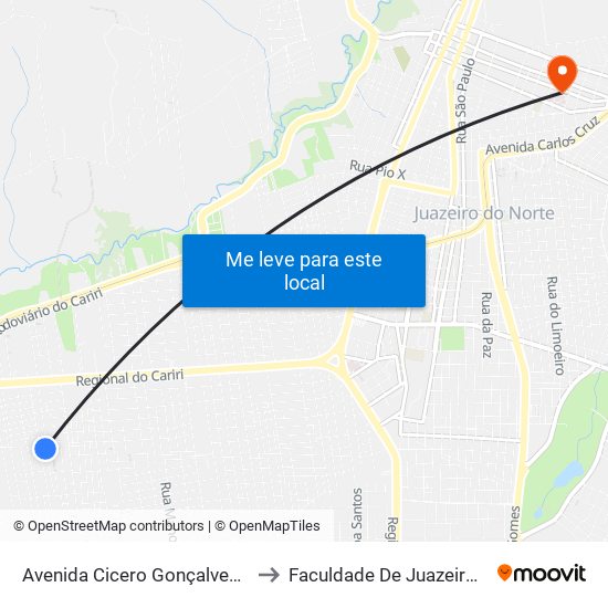 Avenida Cicero Gonçalves, 636 - São José to Faculdade De Juazeiro Do Norte - Fjn map