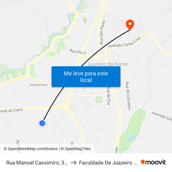 Rua Manoel Cassimiro, 327 - Triângulo to Faculdade De Juazeiro Do Norte - Fjn map