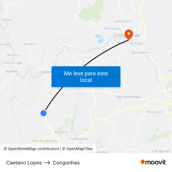 Caetano Lopes to Congonhas map
