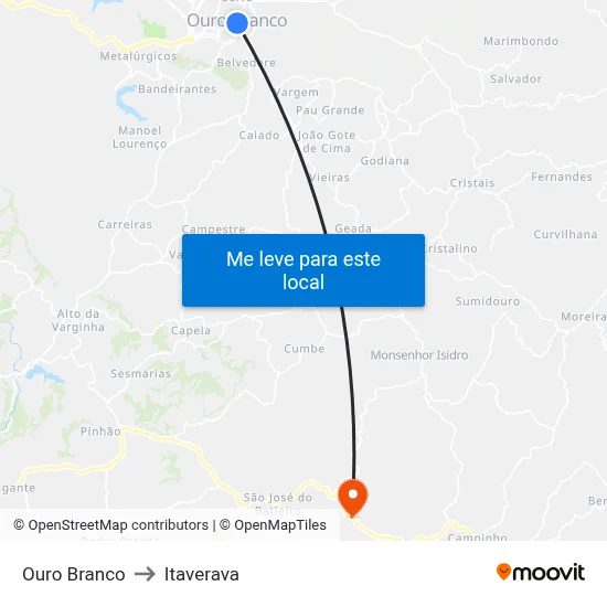 Ouro Branco to Itaverava map
