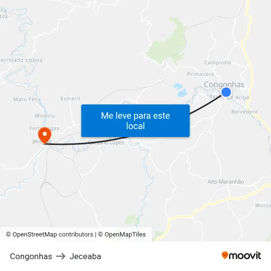 Congonhas to Jeceaba map