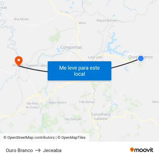 Ouro Branco to Jeceaba map
