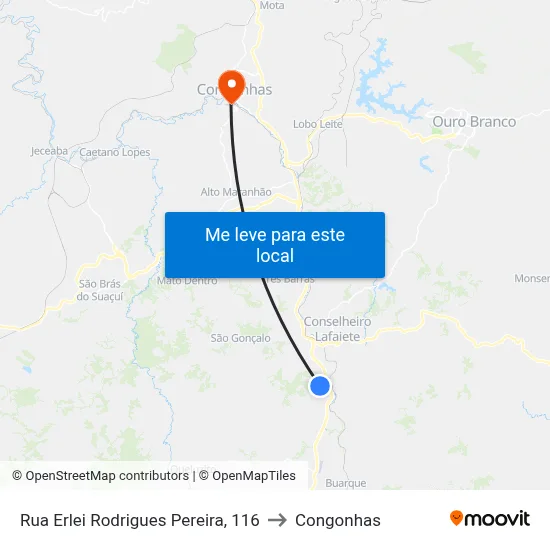 Rua Erlei Rodrigues Pereira, 116 to Congonhas map