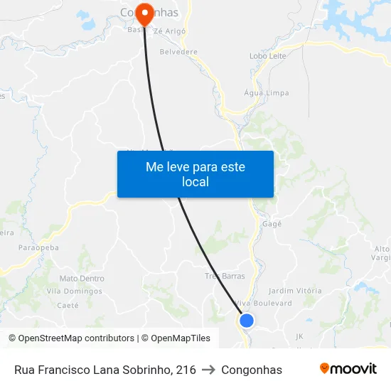Rua Francisco Lana Sobrinho, 216 to Congonhas map