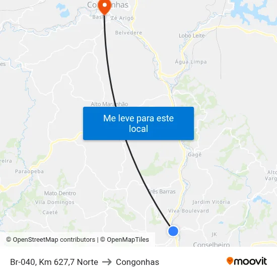 Br-040, Km 627,7 Norte to Congonhas map