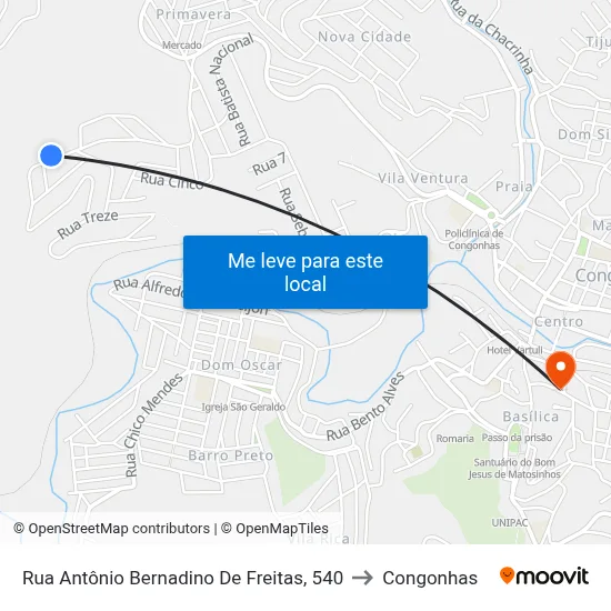 Rua Antônio Bernadino De Freitas, 540 to Congonhas map