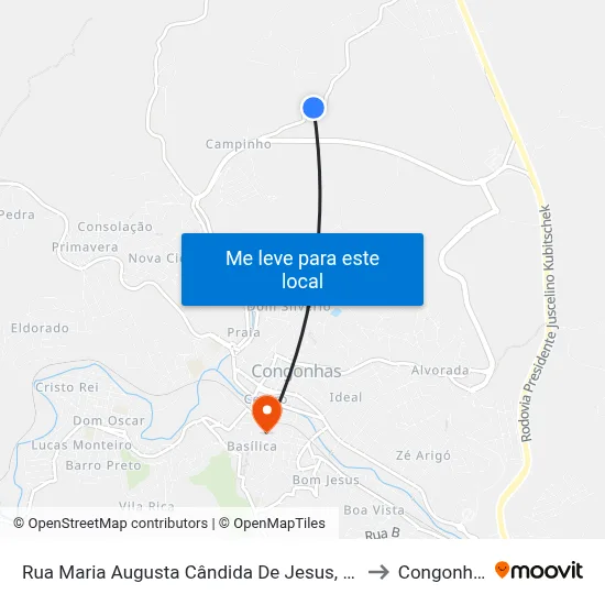 Rua Maria Augusta Cândida De Jesus, 1100 to Congonhas map