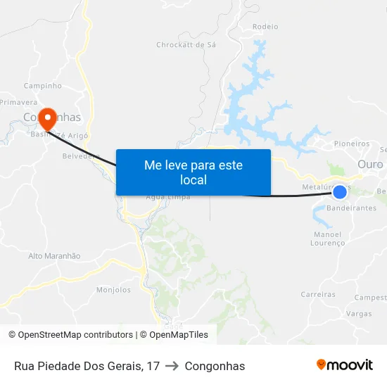 Rua Piedade Dos Gerais, 17 to Congonhas map