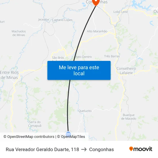 Rua Vereador Geraldo Duarte, 118 to Congonhas map