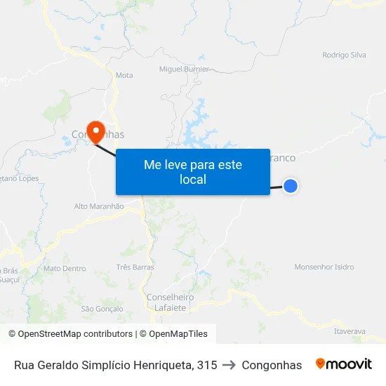 Rua Geraldo Simplício Henriqueta, 315 to Congonhas map