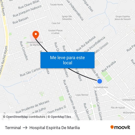 Terminal to Hospital Espírita De Marília map