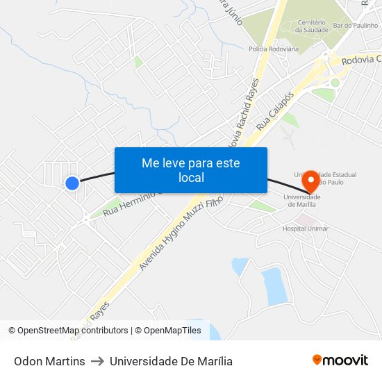 Odon Martins to Universidade De Marília map