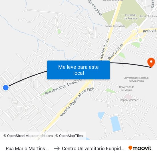 Rua Mário Martins Da Silva, 7 to Centro Universitário Eurípides De Marília map