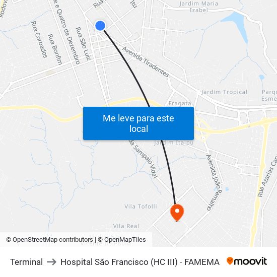 Terminal to Hospital São Francisco (HC III) - FAMEMA map