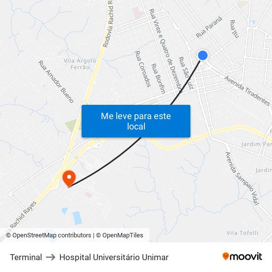 Terminal to Hospital Universitário Unimar map