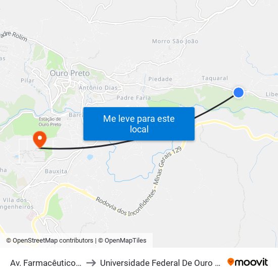 Av. Farmacêutico Duílio Passos, 2202 to Universidade Federal De Ouro Preto - Campus Morro Do Cuzeiro map