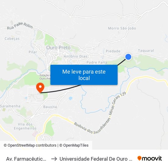 Av. Farmacêutico Duílio Passos, 100 to Universidade Federal De Ouro Preto - Campus Morro Do Cuzeiro map