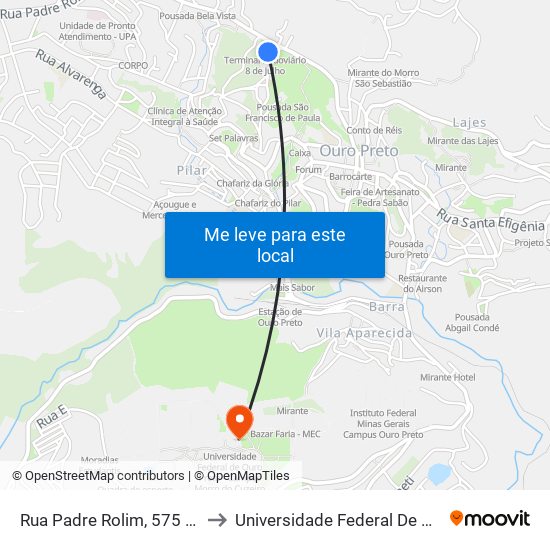Rua Padre Rolim, 575 Em Frente Ao Terminal Rodoviário to Universidade Federal De Ouro Preto - Campus Morro Do Cuzeiro map